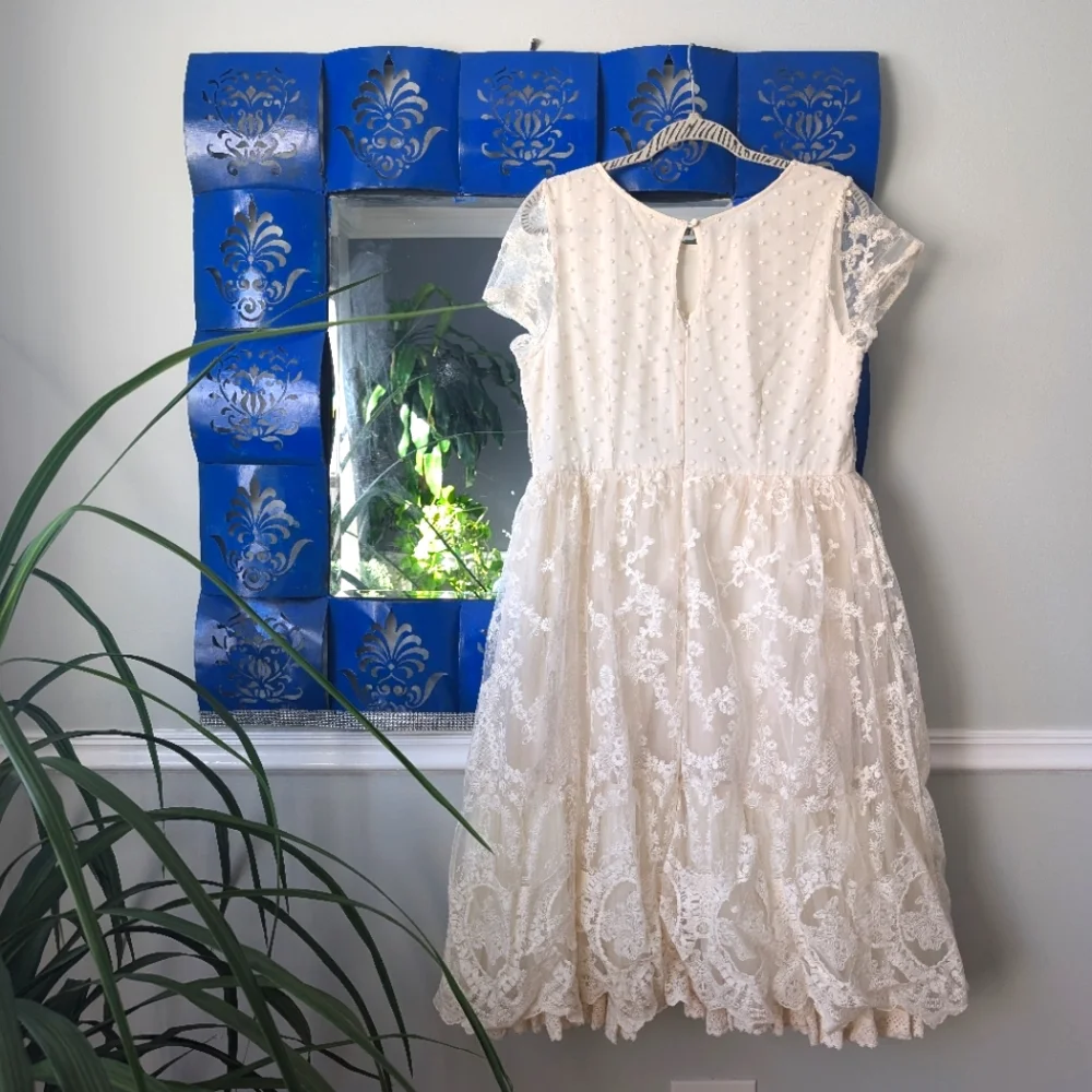 Geode x Anthropologie Floral Lace Swiss Dot Short Sleeve Midi Wedding Dress - Picture 5 of 11